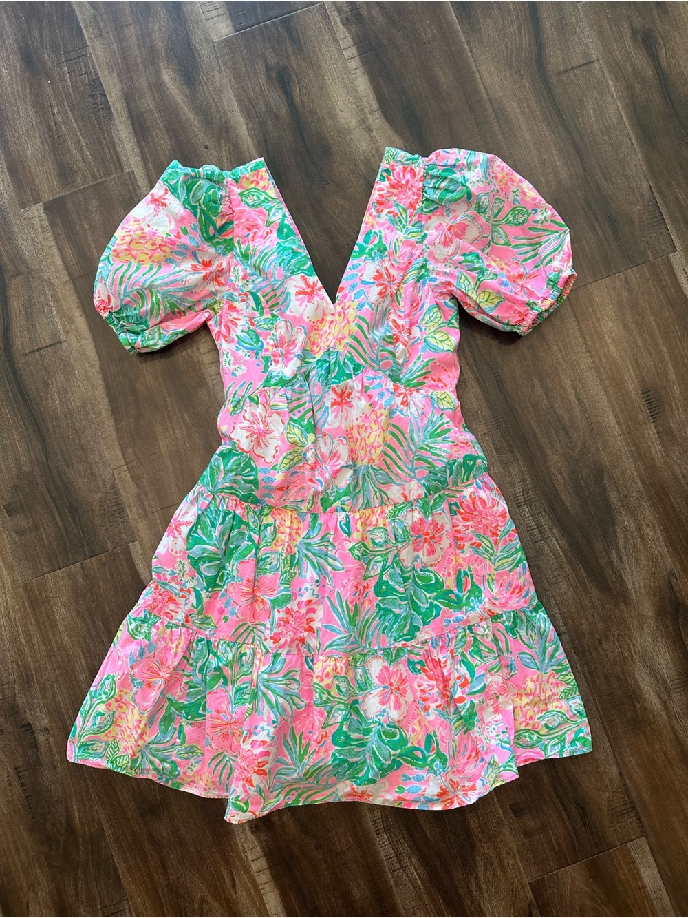 Lilly Pulitzer Pink & Green Floral Puff-Sleeve Casual Dress